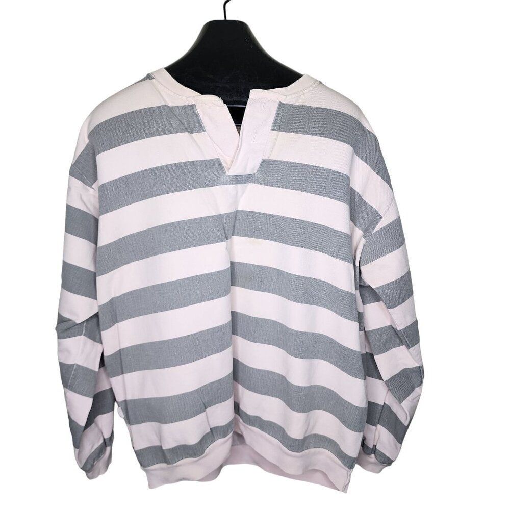 Vintage 80s Preppy Henley Sweatshirt Mens Size L Pink Gray Surfer Stripe